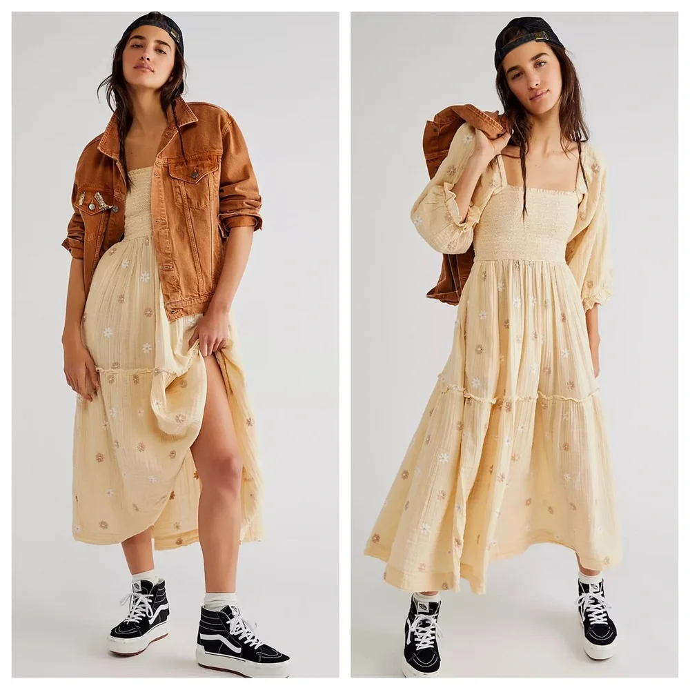 Free People Dahlia Embroidered Maxi Dress in Pearl Island